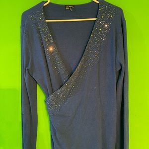 Womans Blue Dress Sweater with Crystal Beads